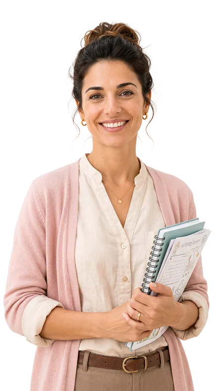 גננת מחייכת מחזיקה חוברות מיפוי